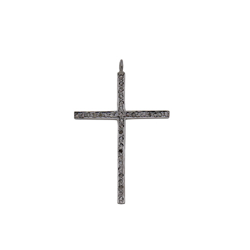 Pave Diamond Cross Charm Sterling Silver Antique Finish 46 x 30mm