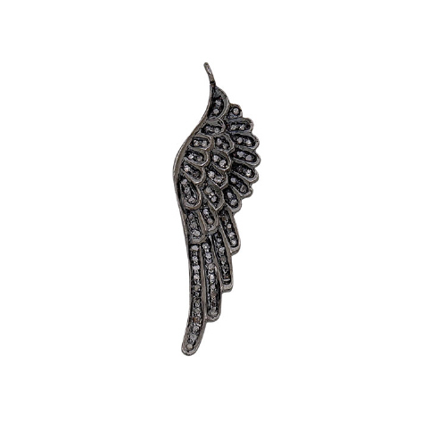 Pave Diamond Feather Chram Sterling Silver Antique Finish 42 x 12mm