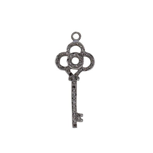 Pave Diamond Key Charm Sterling Silver Antique Finish 41 x 16.5mm