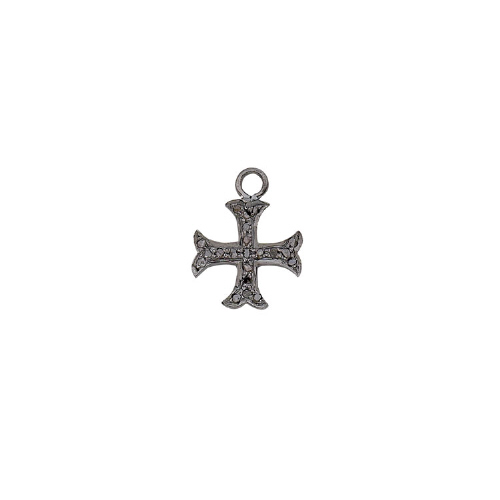 Pave Diamond Cross Charm Sterling Silver Antique Finish 28 x 17mm