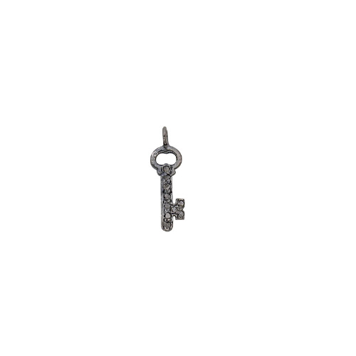 Pave Diamond Key Charm Sterling Silver Antique Finish 19 x 5mm