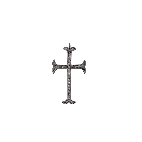 Pave Diamond Cross Charm Sterling Silver Antique Finish 28 x 15.5mm