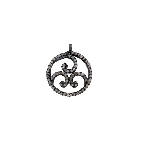Pave Diamond Round Charm with design Sterling Silver Antique Finish 23 x 20mm