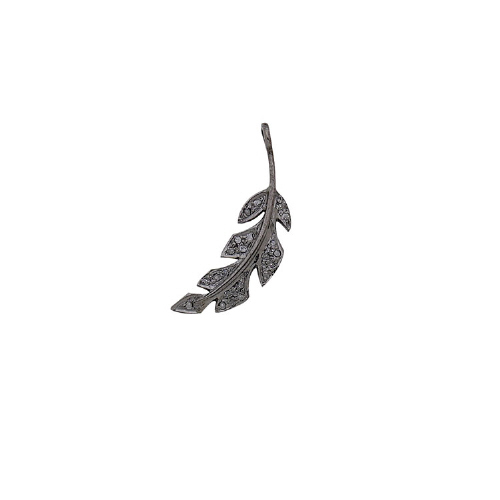 Pave Diamond Slanted Leaf Charm Sterling Silver Antique Finish 16.5 x 9mm