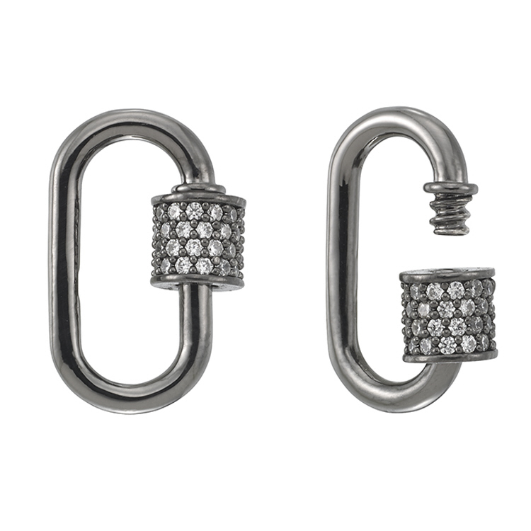 Carabiner Clasp w/Cubic Zirconia (CZ) 11.8 x 18.9mm - Sterling Silver Black Rhodium Plated
